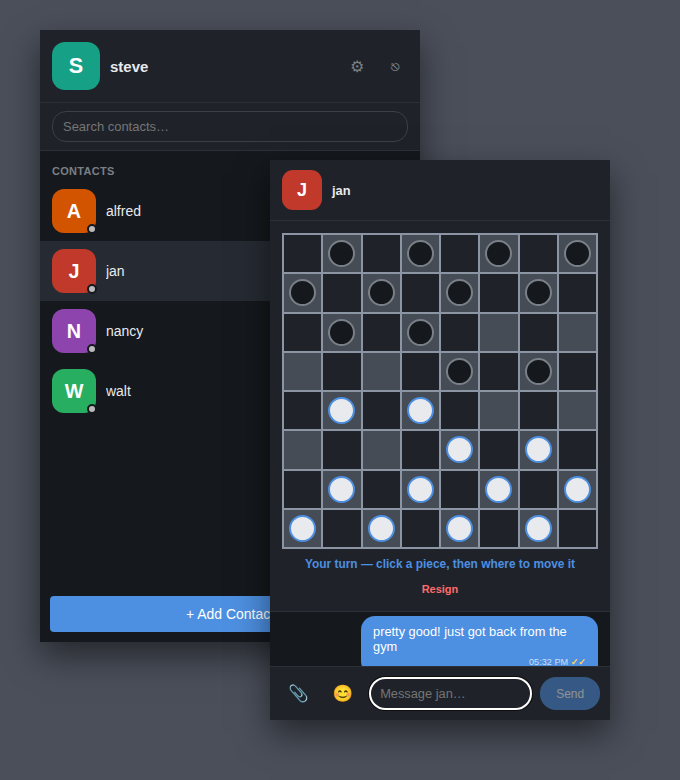 BIM contact list with a Checkers game open in a chat window